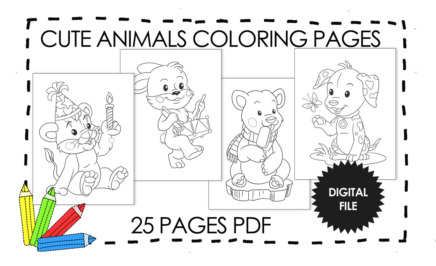25 Printable Animal Coloring Pages for Kids. Dog, Bunny, Polar Bear and Lion page preview.