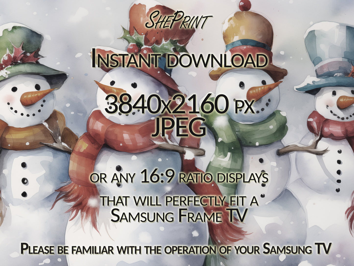Christmas Frame TV Art | Singing Snowmen | Digital TV Art | Digital Watercolor Painting | Instant Download JPEG