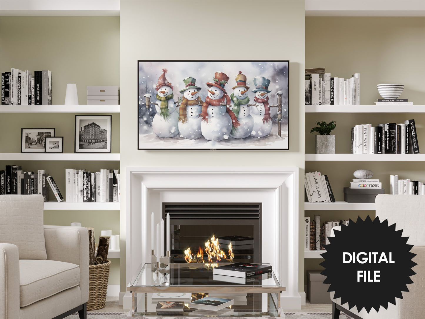 Christmas Frame TV Art | Singing Snowmen | Digital TV Art | Digital Watercolor Painting | Instant Download JPEG