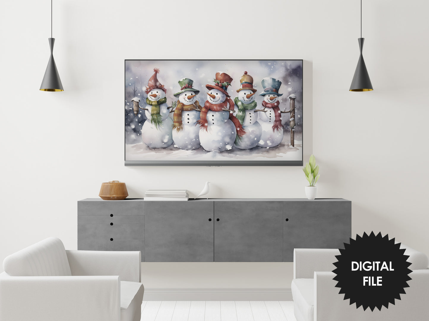 Christmas Frame TV Art | Singing Snowmen | Digital TV Art | Digital Watercolor Painting | Instant Download JPEG
