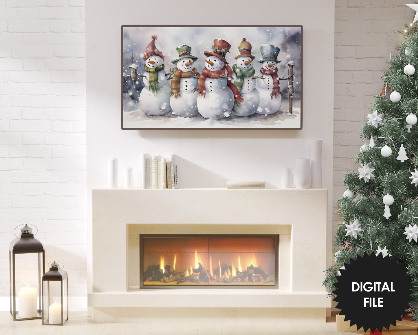 Christmas Frame TV Art | Singing Snowmen | Digital TV Art | Digital Watercolor Painting | Instant Download JPEG