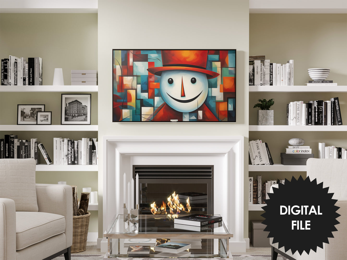 Christmas Snowman Abstract Art For Samsung Frame TV preview in modern living room