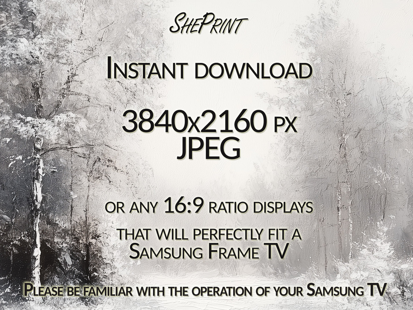 Snowy Forest Scene Winter Frame TV Art close up view