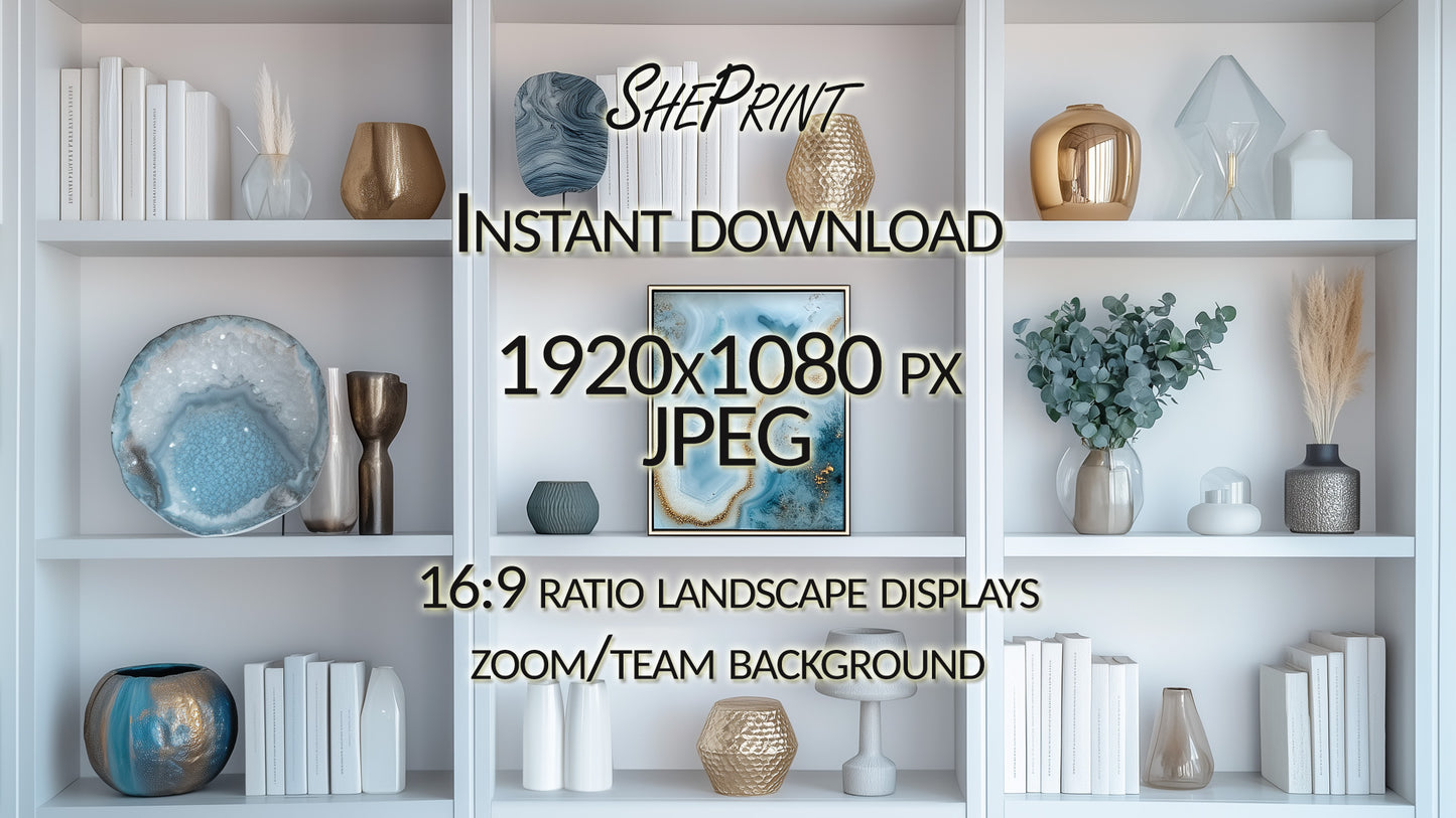 Zoom Background, Elegant Soft Blue - White Bookshelves clear version full image preview