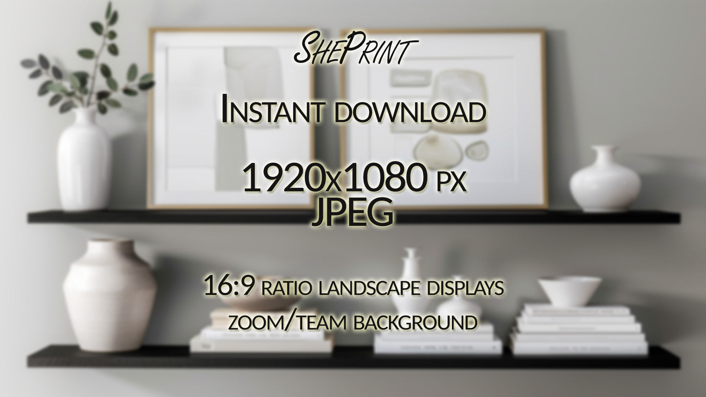 Monochrome Neutral Styled Shelves, Zoom Background, Clear and Blur