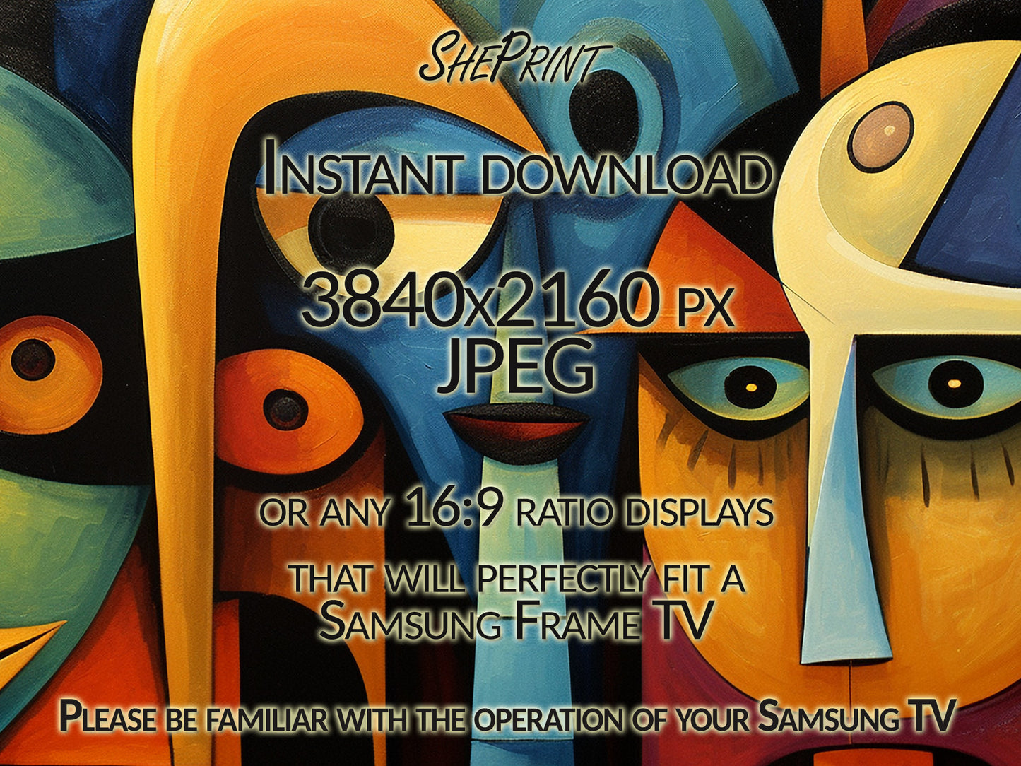 Samsung Frame TV Art, Spooky Faces Cubism Abstract Art, Picasso Style, Vibrant Colors, Oil Painting, Digital TV Art, Instant Download