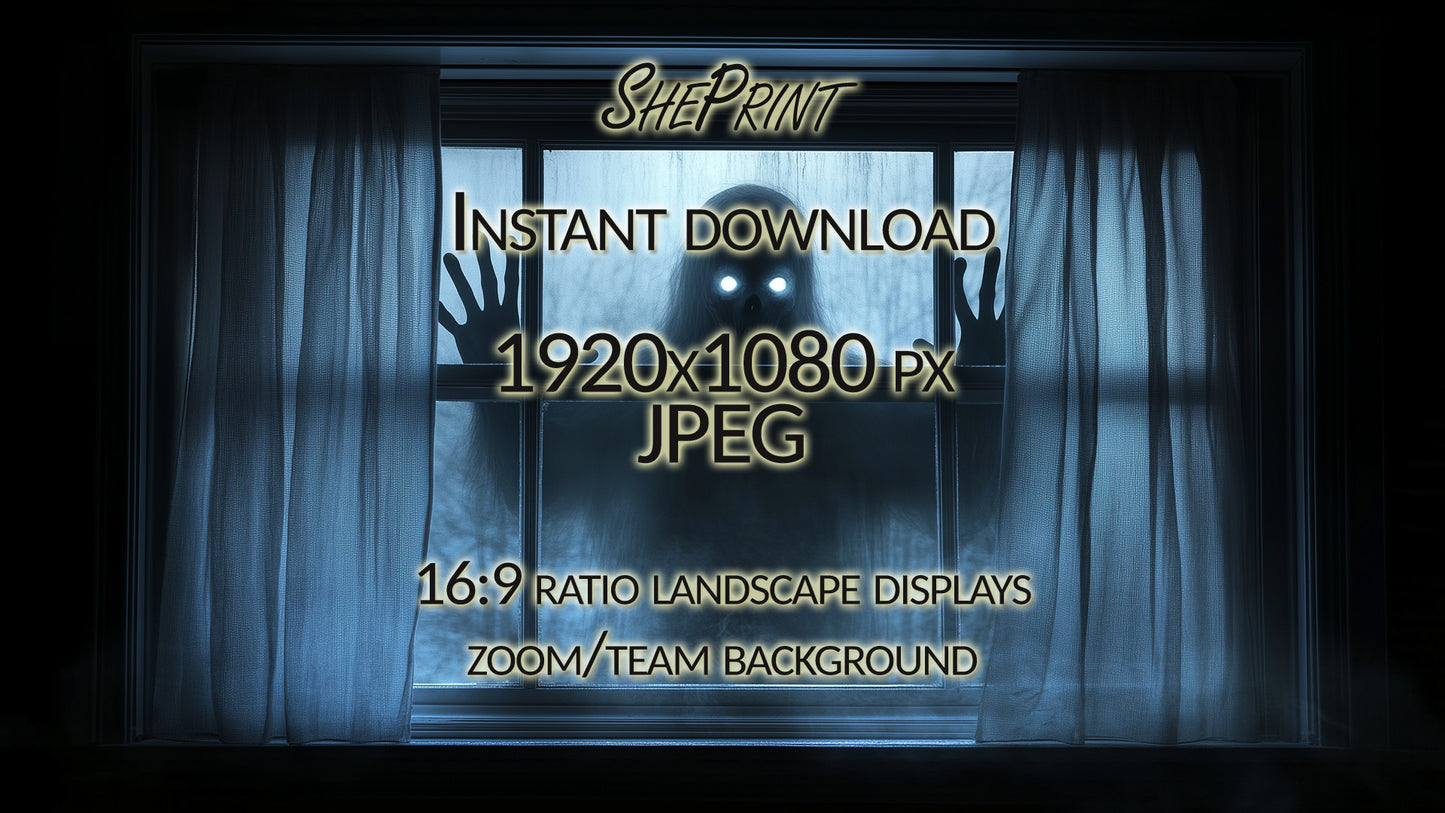 Halloween Zoom Background, Spooky Creature In Window, Funny Virtual Background for Video conferences or Streaming, Instant Download