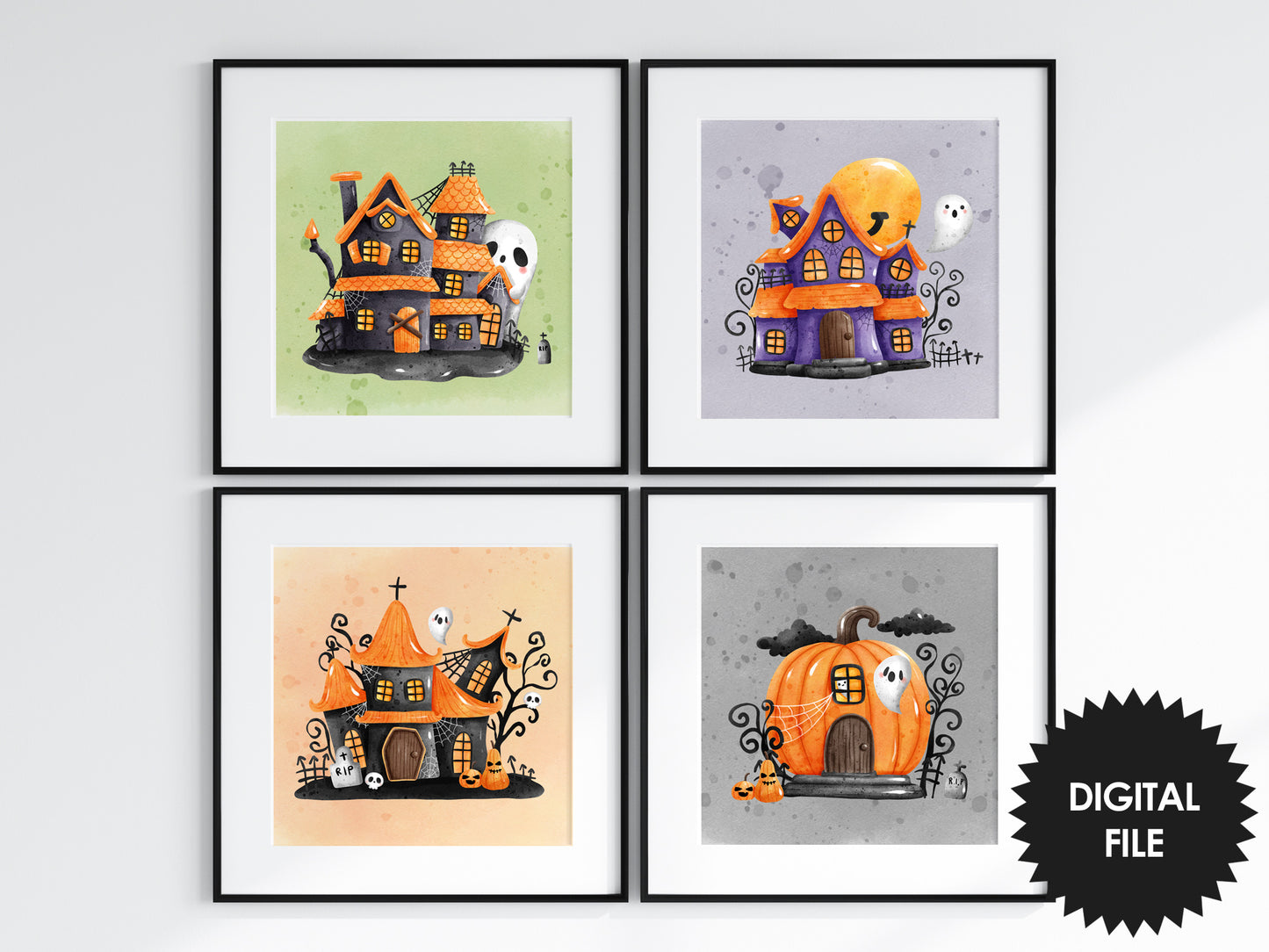 Spooky Halloween Wall Art For Kids, Set of 4 Printables, Digital Download, Print at Home, Print Any Size Up To 20x20 inch