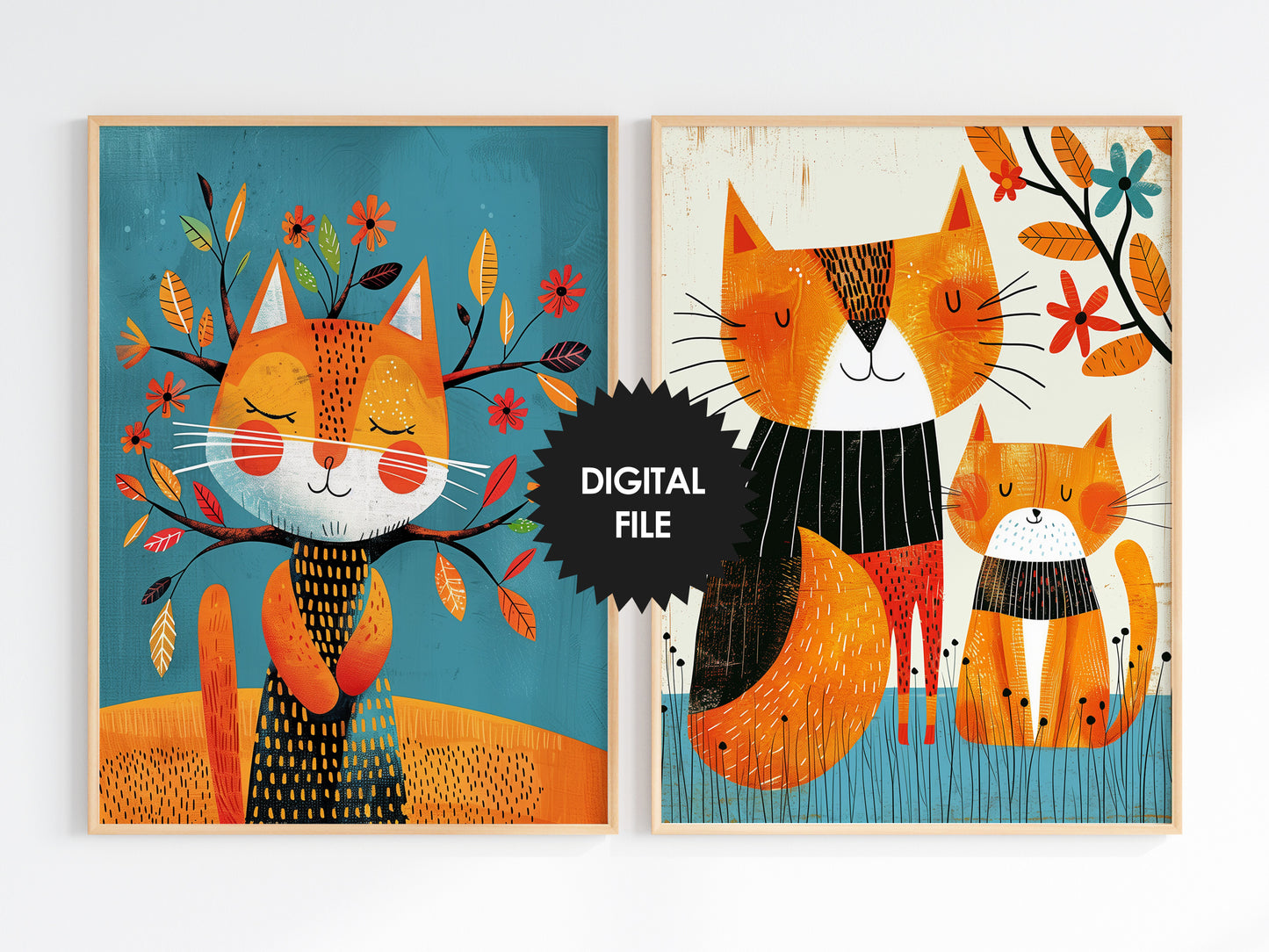 Kids Room Wall Art, Spring Cats, Set of 2 Risograph Prints preview