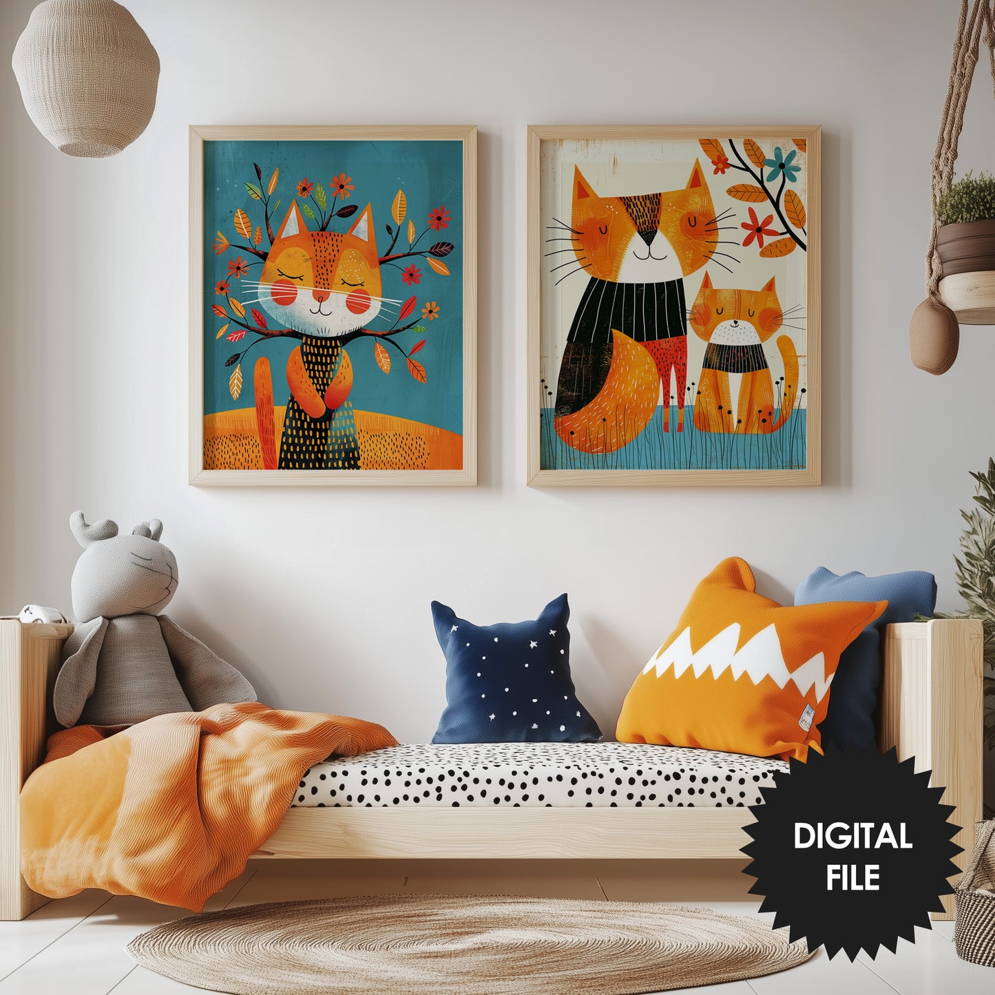 Kids Room Wall Art, Spring Cats, Set of 2 Risograph Prints preview in kids room