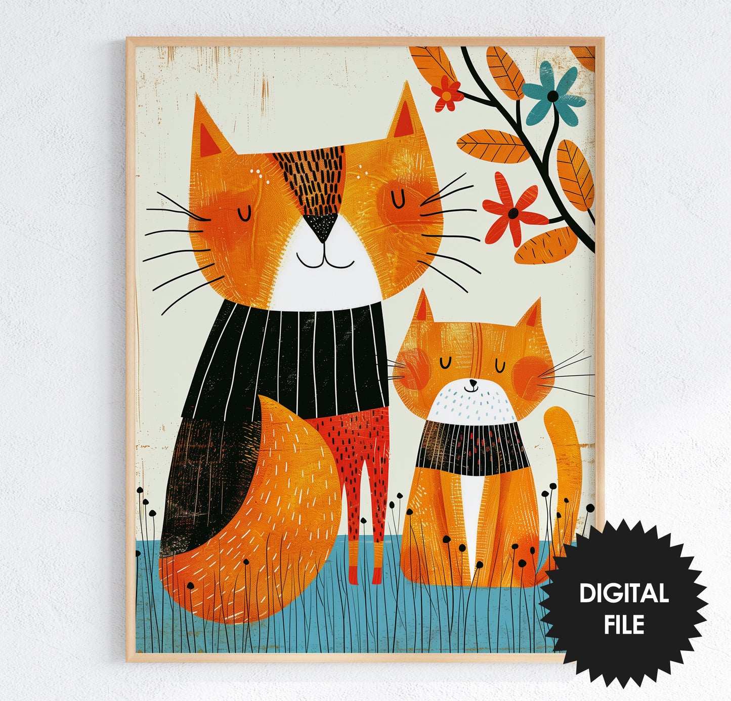 Kids Room Wall Art, Spring Cats, Set of 2 Risograph Prints, preview image 2, spring cats
