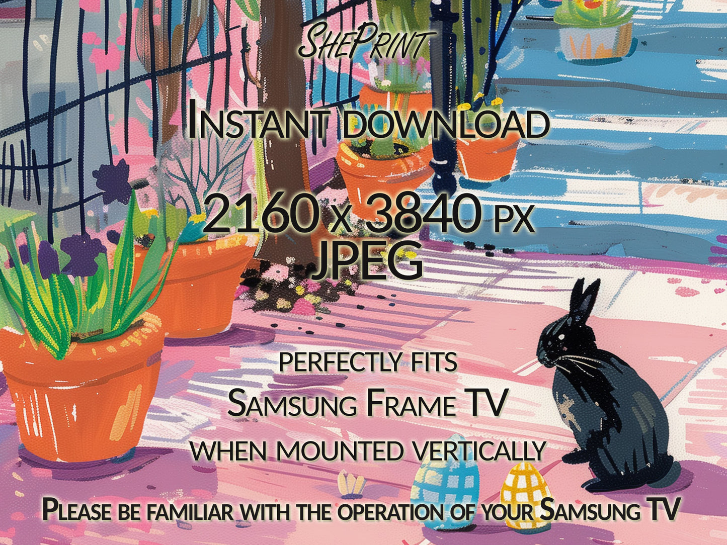 Vertical Frame TV Art, Spring Easter Day Watercolor, Vibrant Colors, Digital TV Art, Instant Download - close up view
