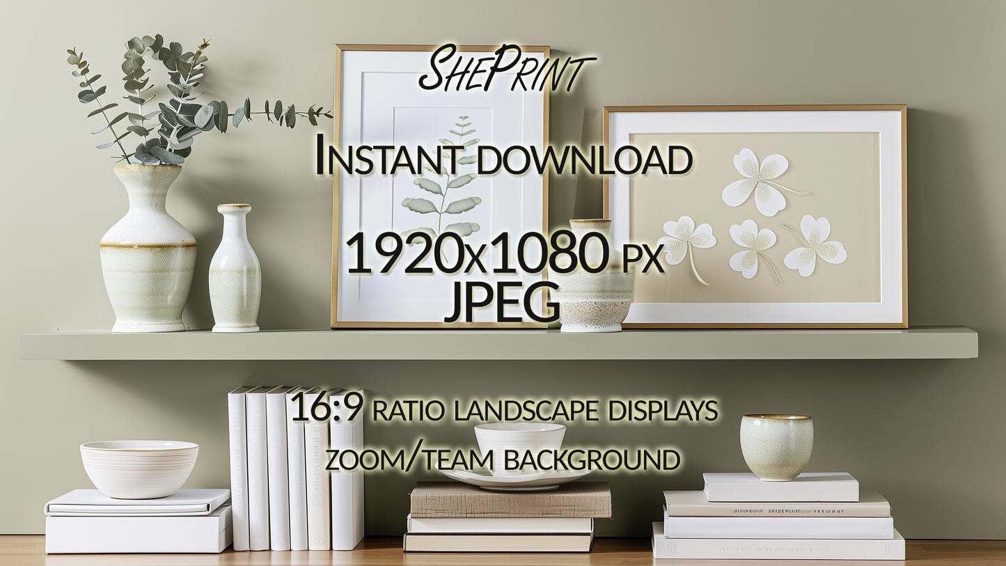 St Patrick's Day Zoom Background, Elegant Sage Green Shelves clear version full image preview