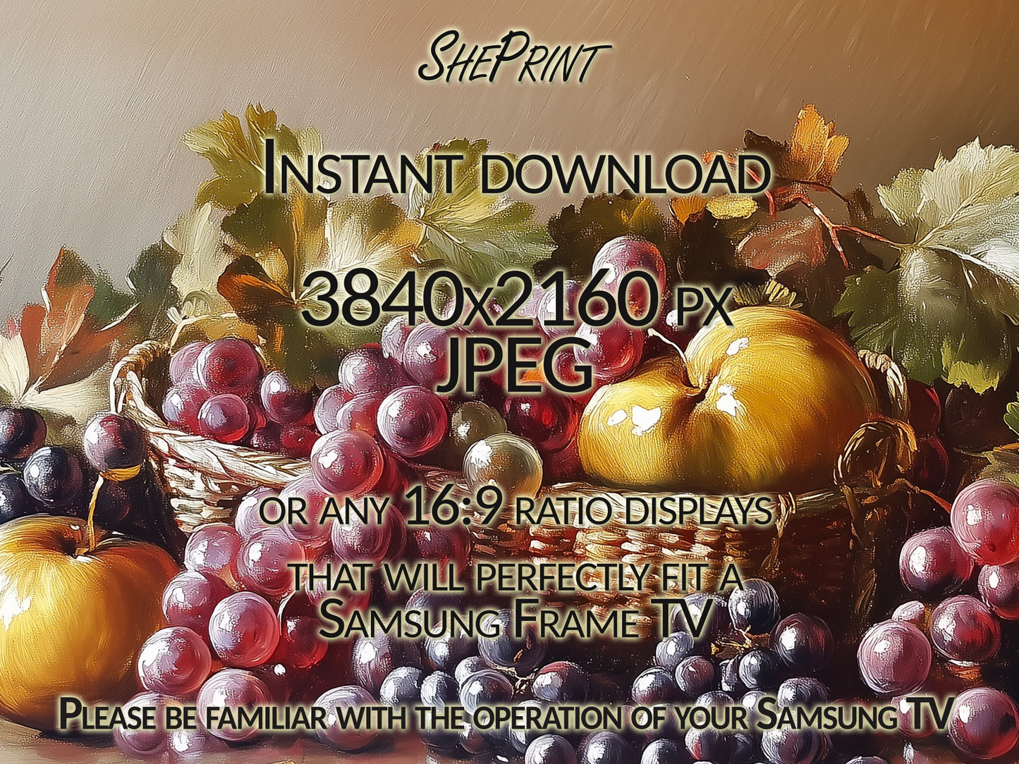 Samsung Frame TV Art, Classic Still Life Grapes and Apples close up view