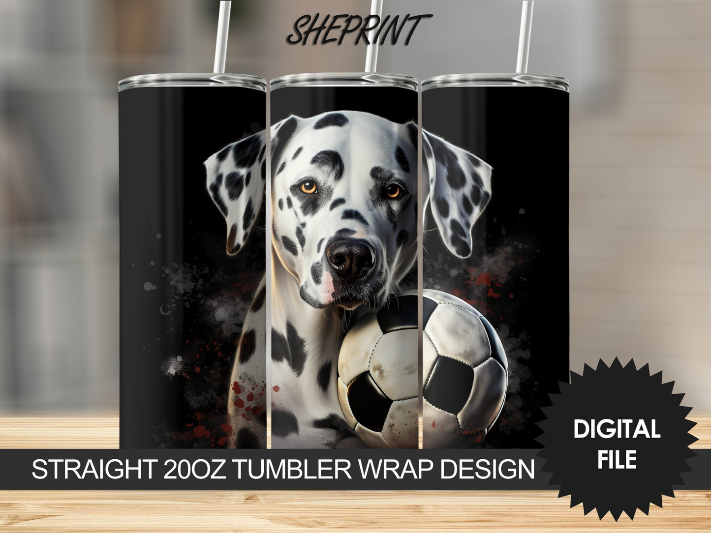 Dalmatian Dog With Soccer Ball Tumbler Design, 20oz Sublimation Straight and Tapered 9.2 x 8.3” PNG, Free Designs Included, Digital Download
