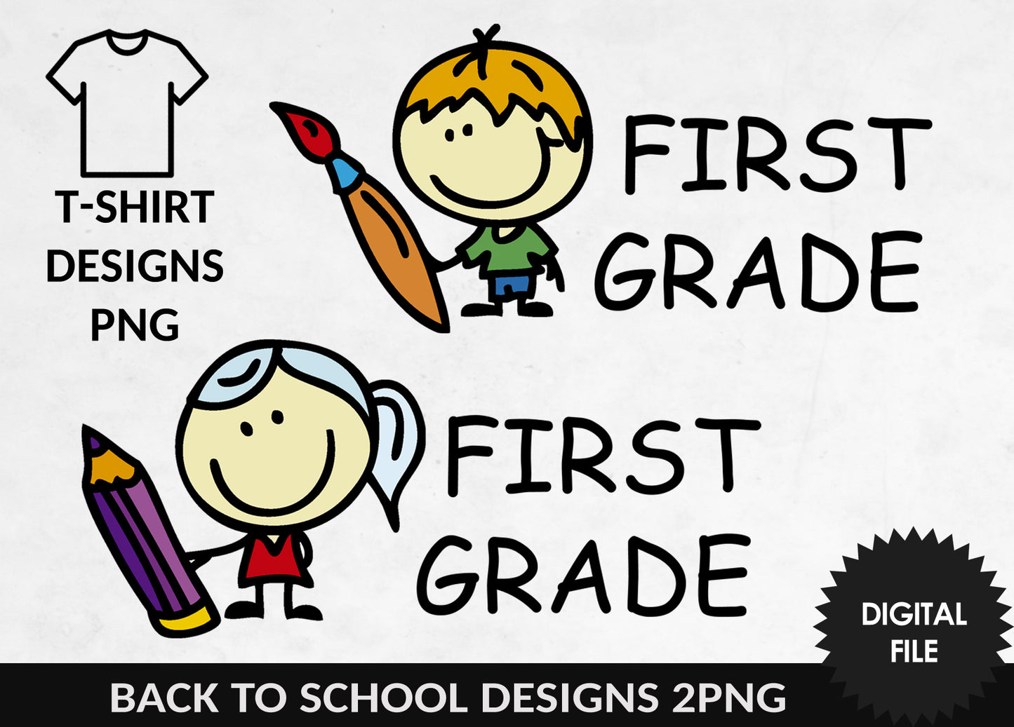 First Grade Design PNG, First Day of School T-Shirt Design, For Girls and Boys, Doodle Style, Digital Download