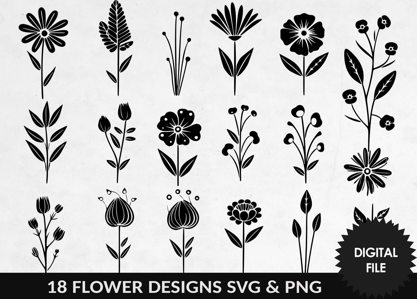 SVG & PNG Flowers, 18 Flower Designs, Floral Silhouette Clipart, Botanical SVG Bundle, Personal and Commercial Use, Digital Download
