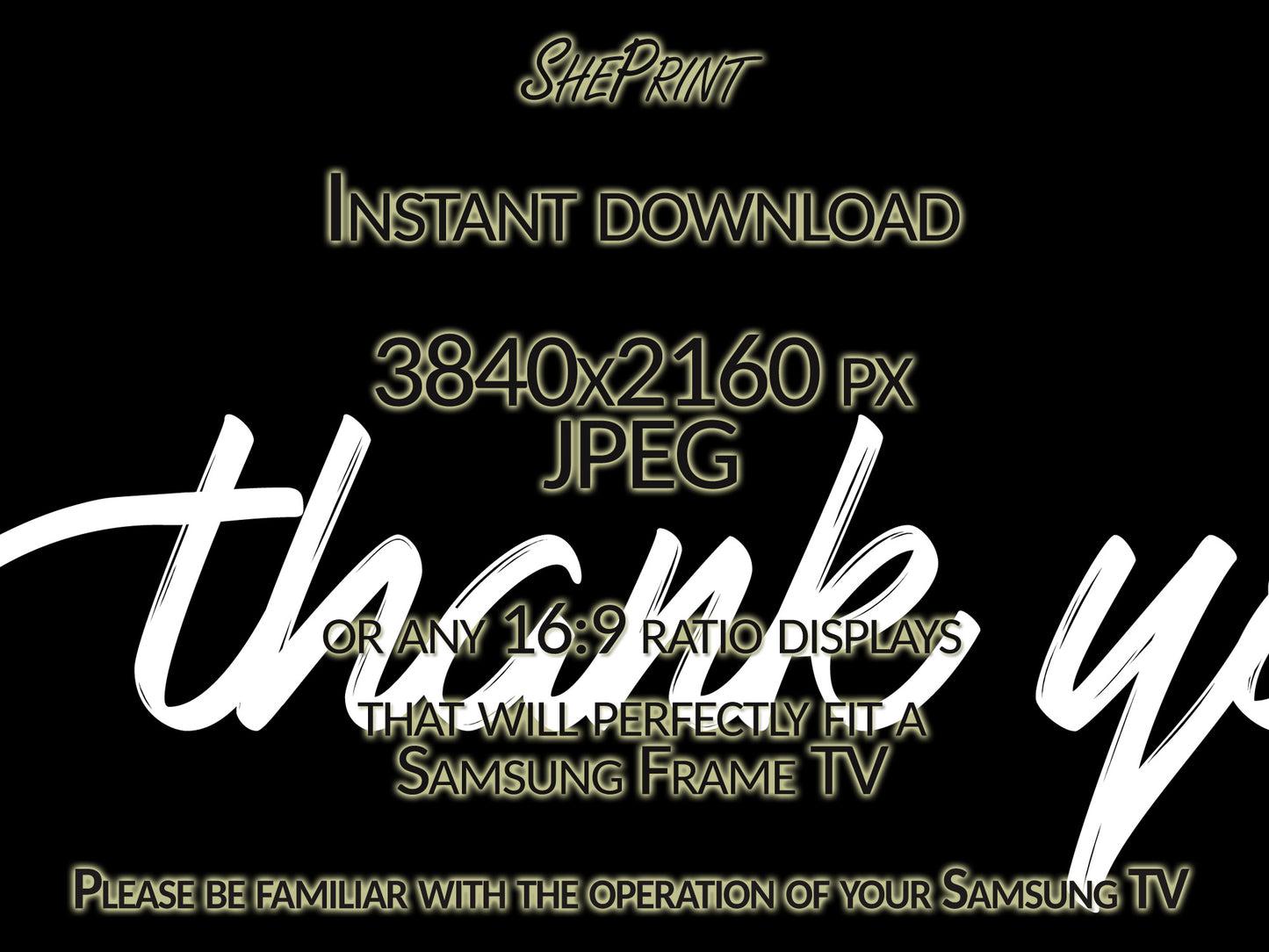 Frame TV Art Thank You | Say Thank You | Black and White | Simple Handwritten Thank You | Black Background | Instant Download