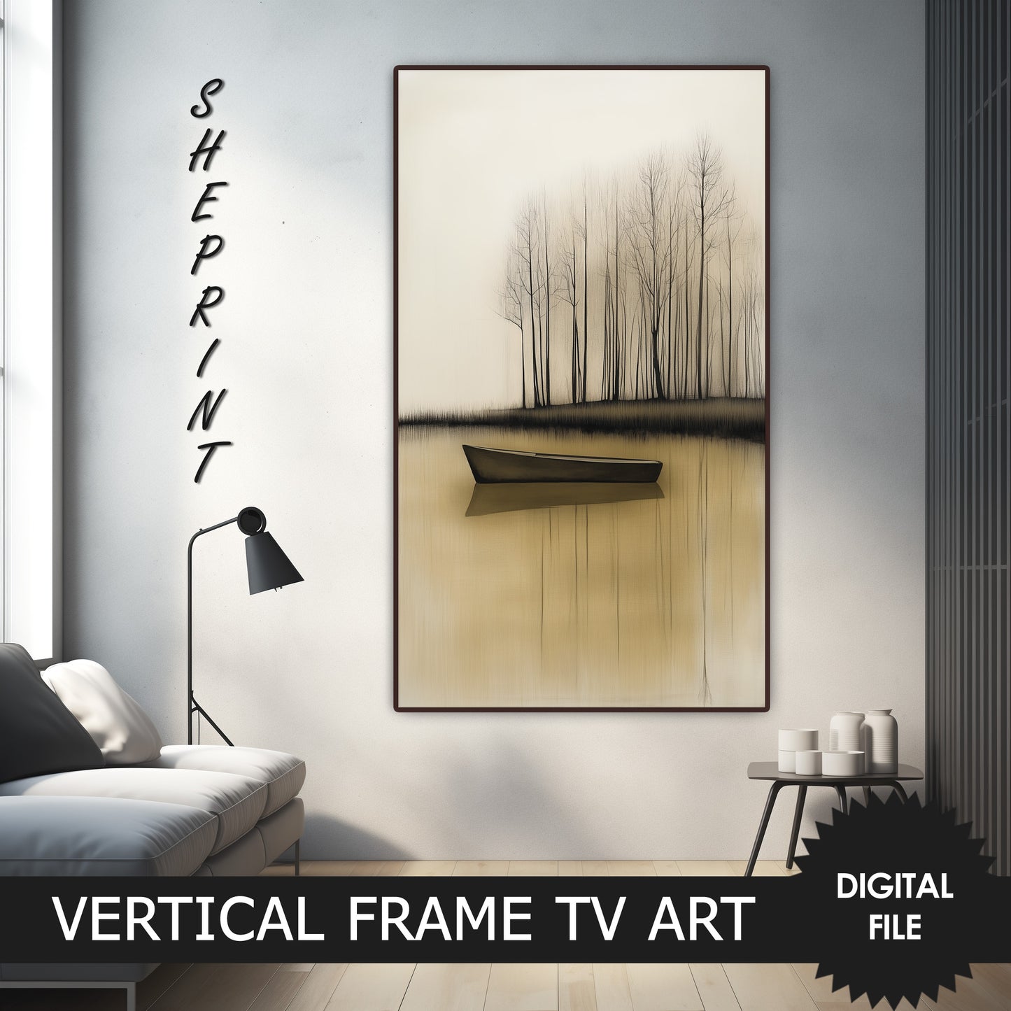 Vertical Frame TV Art, The Silent Boat Landscape Painting