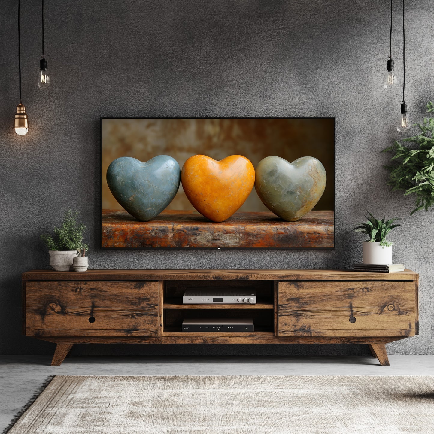 Timeless Love Valentine's Day Inspired Frame TV Art, Stone Hearts Still Life preview in modern rustic living room