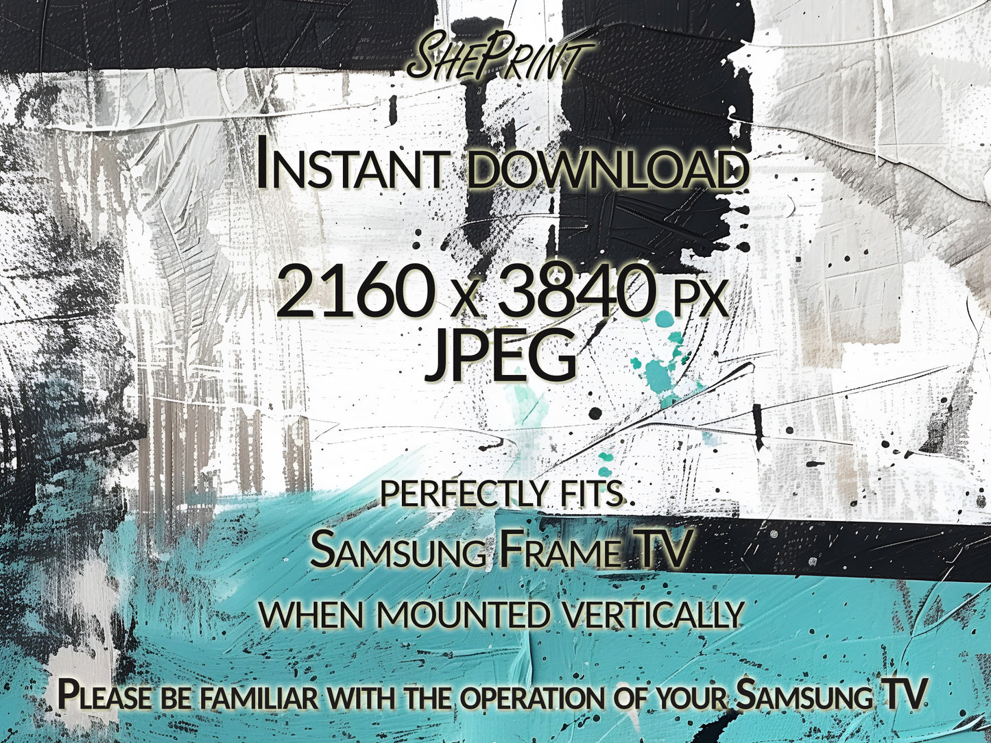 Vertical & Horizontal Frame TV Art, Turquoise, Black, White Geometric Abstract Art slose up view.