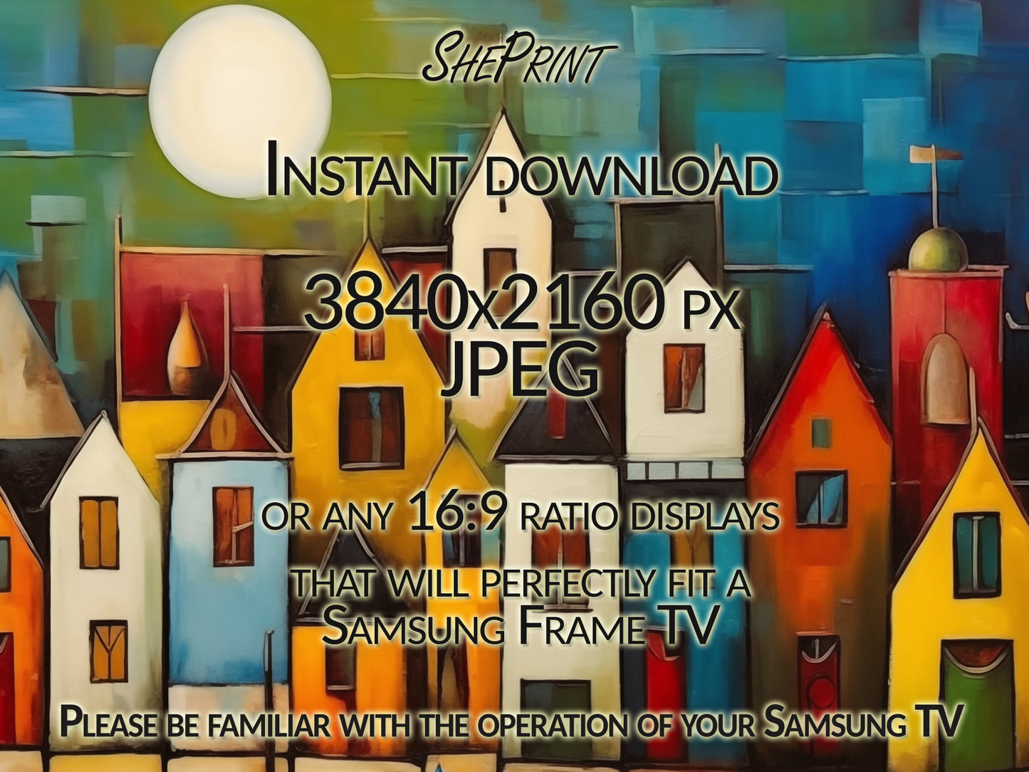 Samsung Frame TV Art Night Town By The Sea Modern Abstract TV Art close up view
