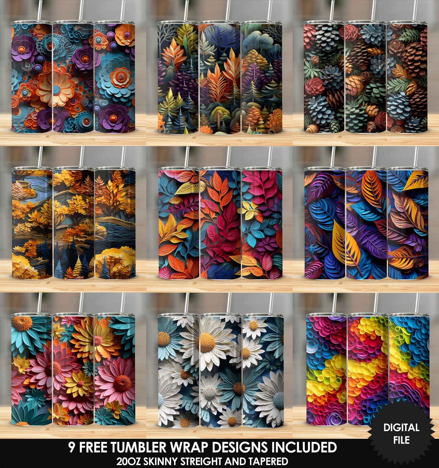 3D Colorful Floral 20oz Sublimation Tumbler Designs, Straight and Tapered 9.2 x 8.3” Tumbler PNG, Digital Download