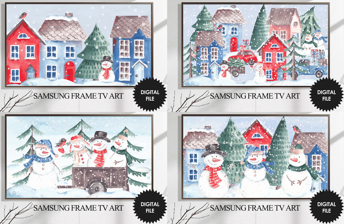 Samsung Frame TV Art Winter Bundle Set of 4, Christmas TV Art, Winter Scene Watercolor, 3840x2160 px JPGs, Digital TV Art, Instant Download
