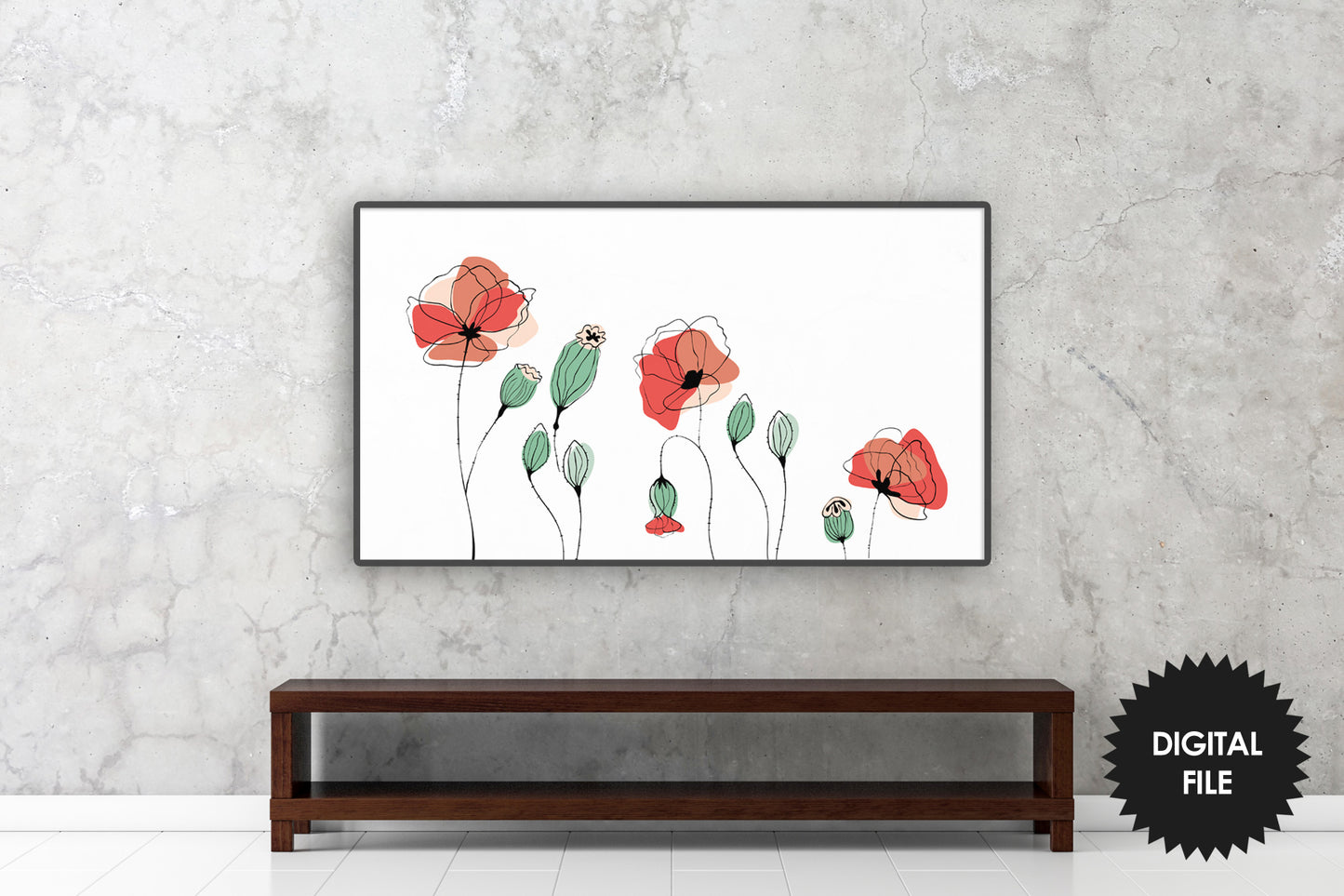 Samsung Frame TV Art Poppies | Simple Red Poppy Tv Art | Abstract Line Art With Color | 3840x2160px JPEG | Digital TV Art | Instant Download