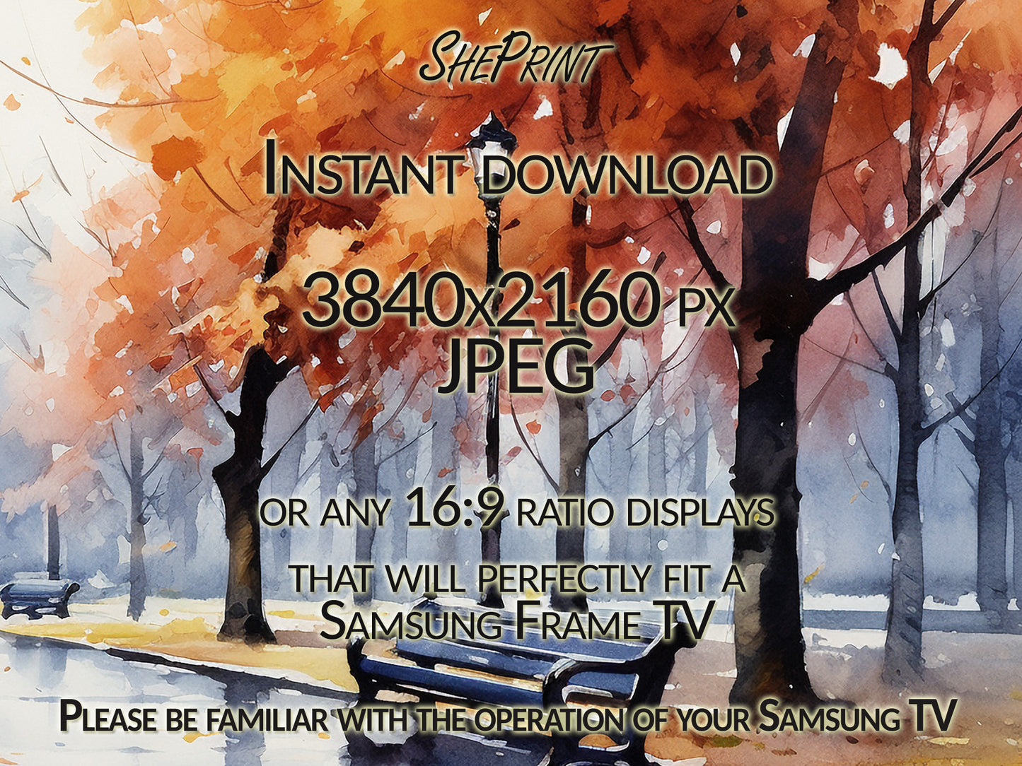 Autumn Park Watercolor Frame TV Art | Digital TV Art | Digital Painting | Instant Download