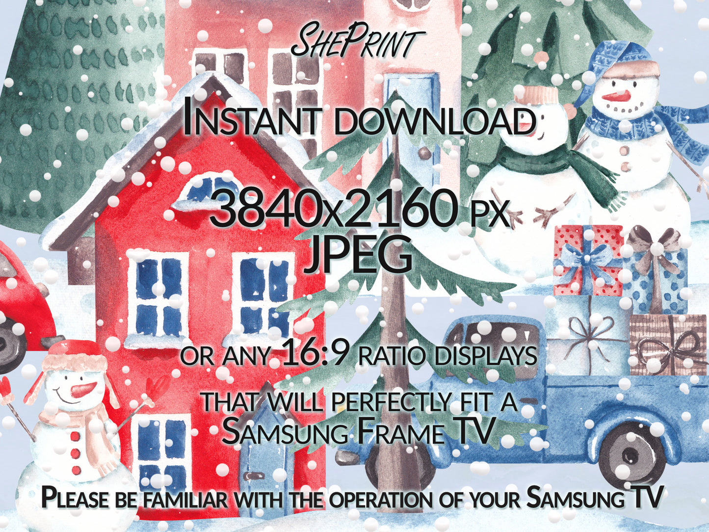 Frame TV Art Christmas City | Winter Art for Kids | Winter Houses Watercolor | Digital TV Art | Instant Download
