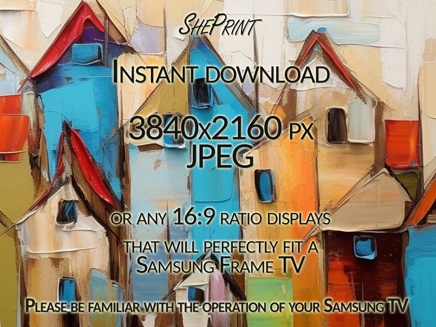 Samsung Frame TV Art Coastal Town Abstract Painting | 3840x2160 pixels JPEG | Digital TV Art | Instant Download