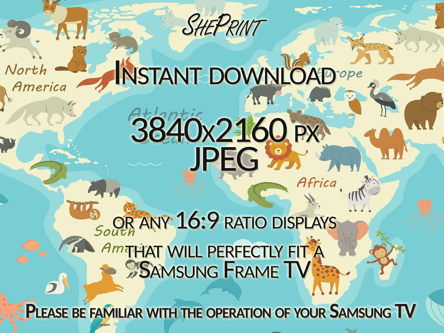Frame TV Art For Kids | Animal World Map | Educational Art | Fauna World Map Kids | Digital TV Art | Instant Download