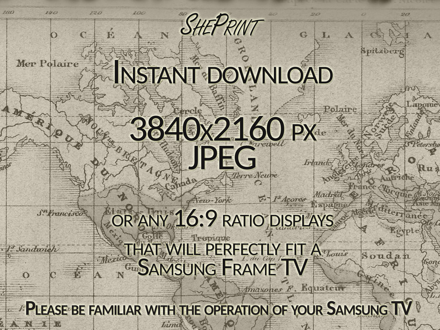 Samsung Frame TV Art | Old Vintage World Map | Digital TV Art | Instant Download