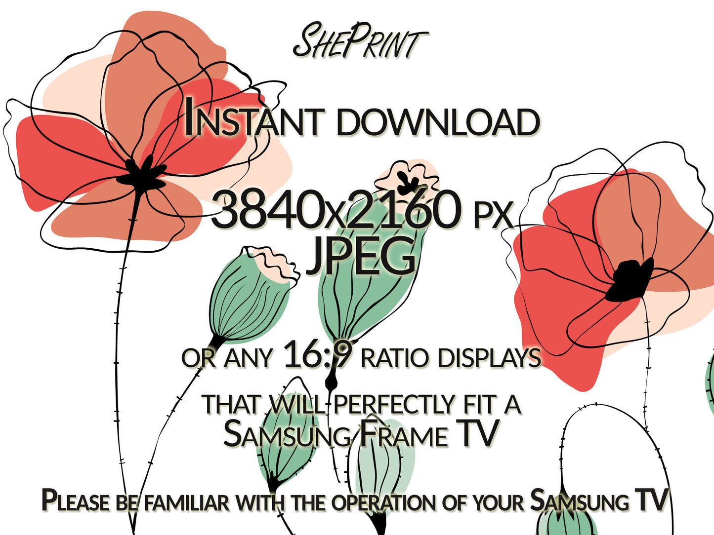 Samsung Frame TV Art Poppies | Simple Red Poppy Tv Art | Abstract Line Art With Color | 3840x2160px JPEG | Digital TV Art | Instant Download