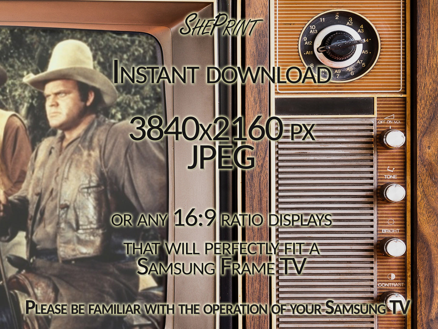 Samsung Frame TV Art Retro TV With Western Movie Image | Antique Old Television Wooden Case | Digital TV Art | Instant Download