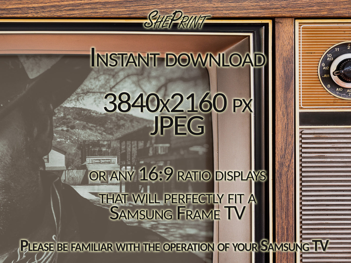 Samsung Frame TV Art Retro Tv | Old West Cowboy | Antique Old Television Wooden Case | 3840x2160 px JPEG | Digital TV Art | Instant Download