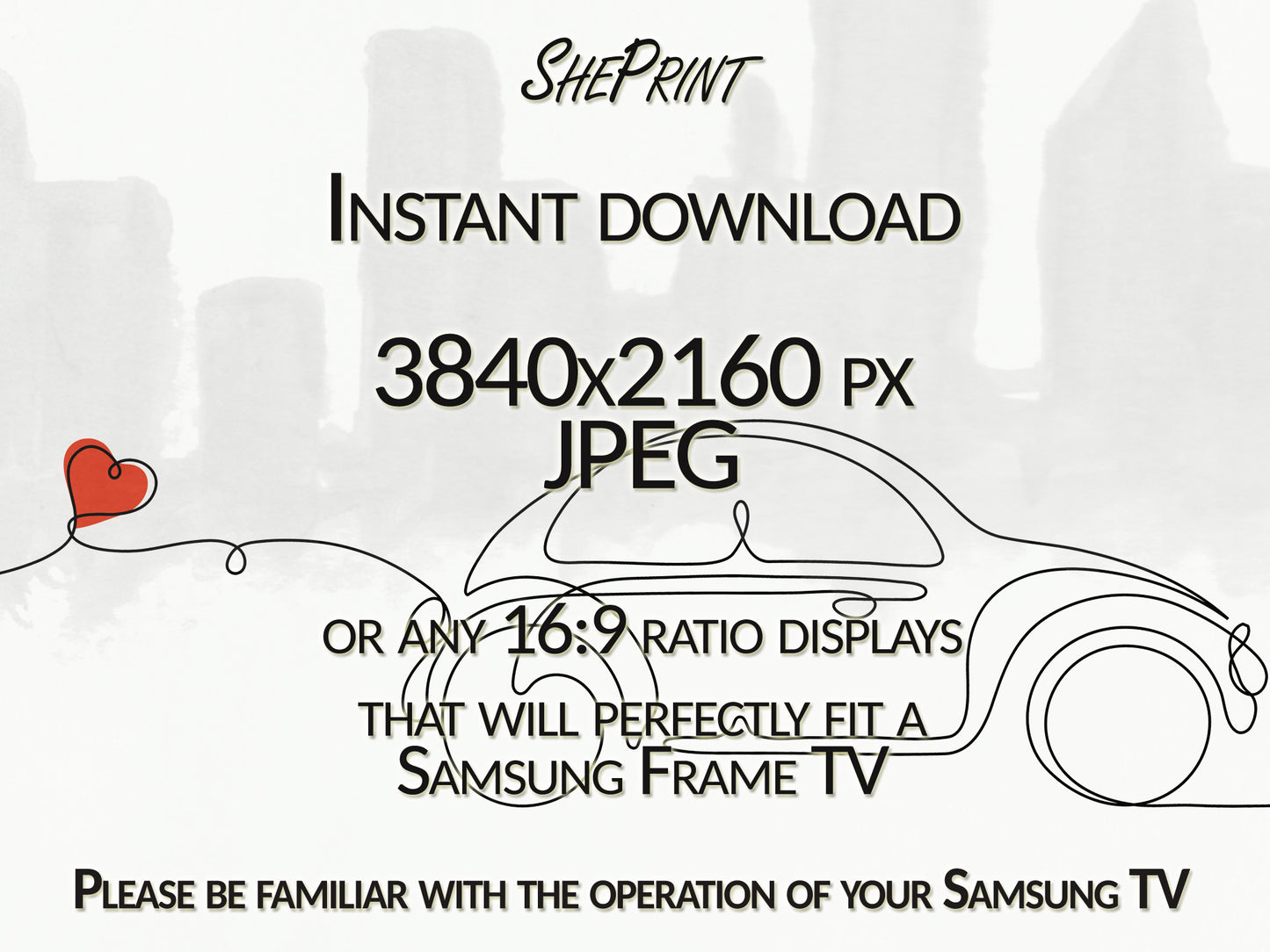 Valentines Day Samsung Frame TV Art | Minimalist Lineart Valentine Car | Digital TV Art | 3840 x 2160 pixels JPEG | Instant Download