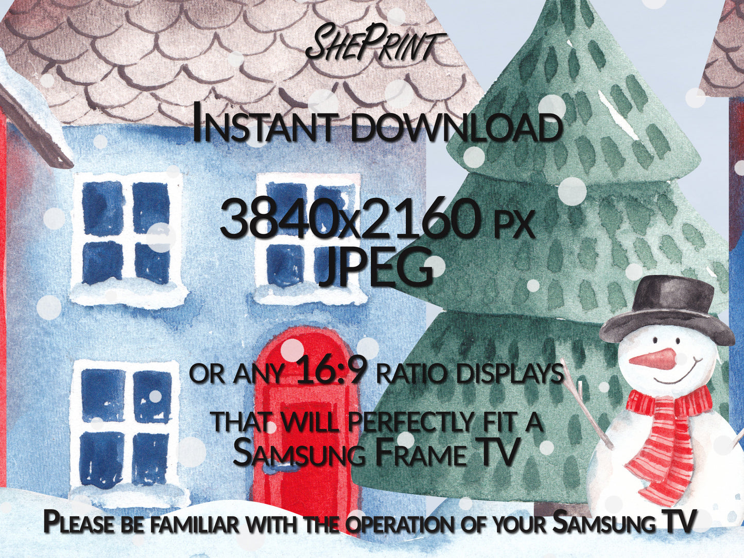 Samsung Frame TV Art Winter City | Christmas TV Art | Winter Houses Watercolor | Digital TV Art | Instant Download