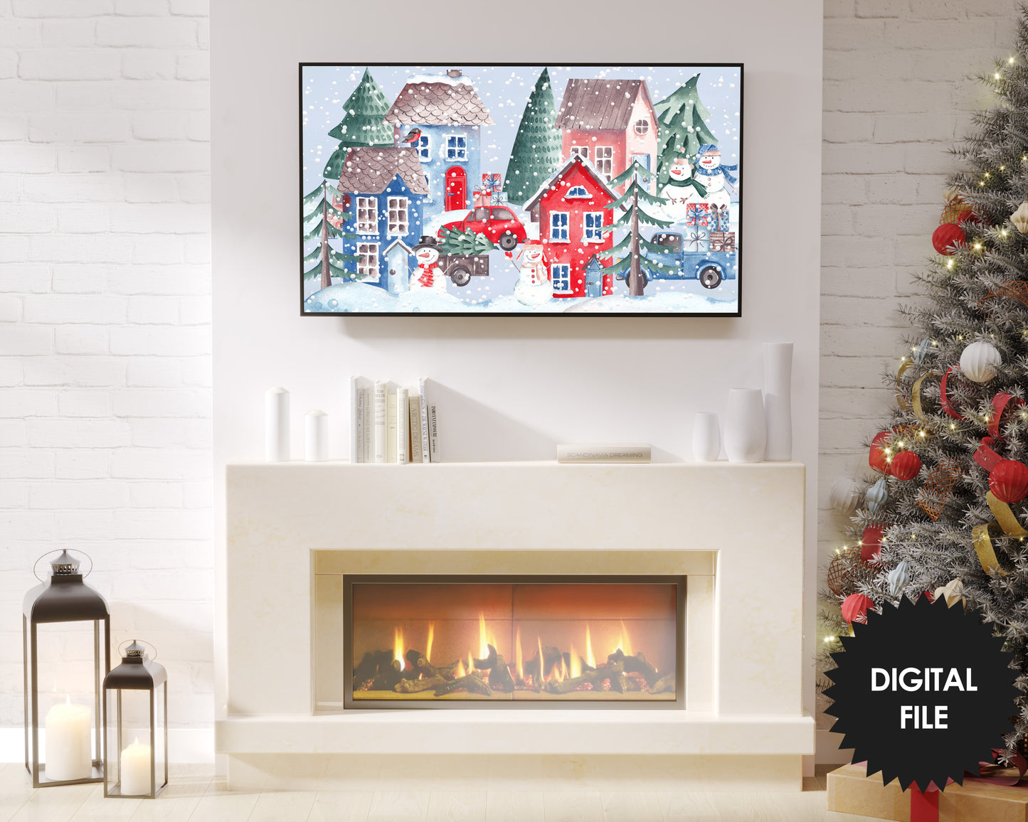Frame TV Art Christmas City | Winter Art for Kids | Winter Houses Watercolor | Digital TV Art | Instant Download