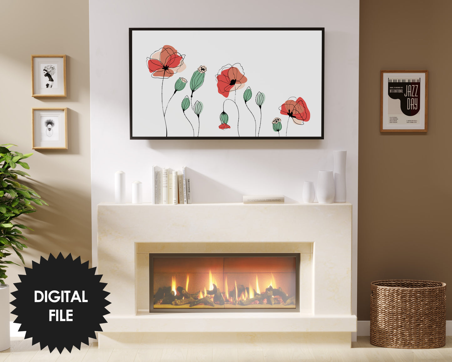 Samsung Frame TV Art Poppies | Simple Red Poppy Tv Art | Abstract Line Art With Color | 3840x2160px JPEG | Digital TV Art | Instant Download