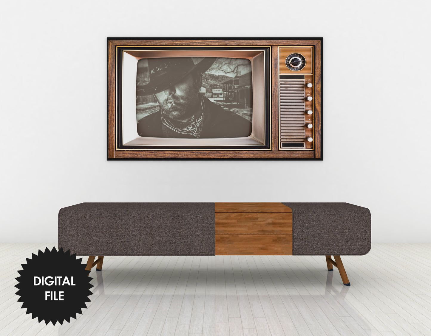 Samsung Frame TV Art Retro Tv | Old West Cowboy | Antique Old Television Wooden Case | 3840x2160 px JPEG | Digital TV Art | Instant Download