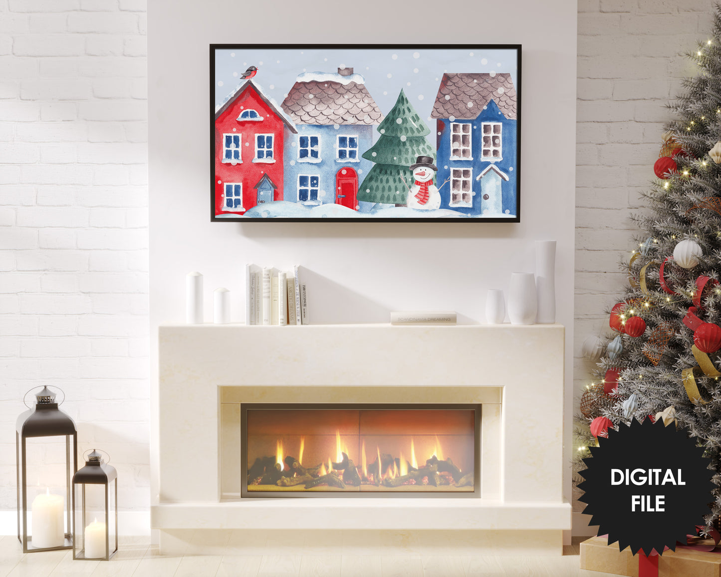 Samsung Frame TV Art Winter City | Christmas TV Art | Winter Houses Watercolor | Digital TV Art | Instant Download
