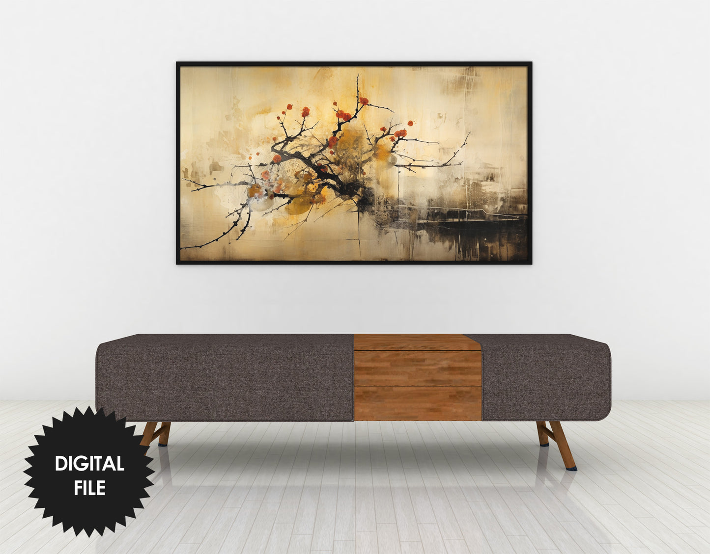 Frame TV Art, Wabi Sabi Art, Cherry Blossom Branch Abstract Art preview in modern ambience