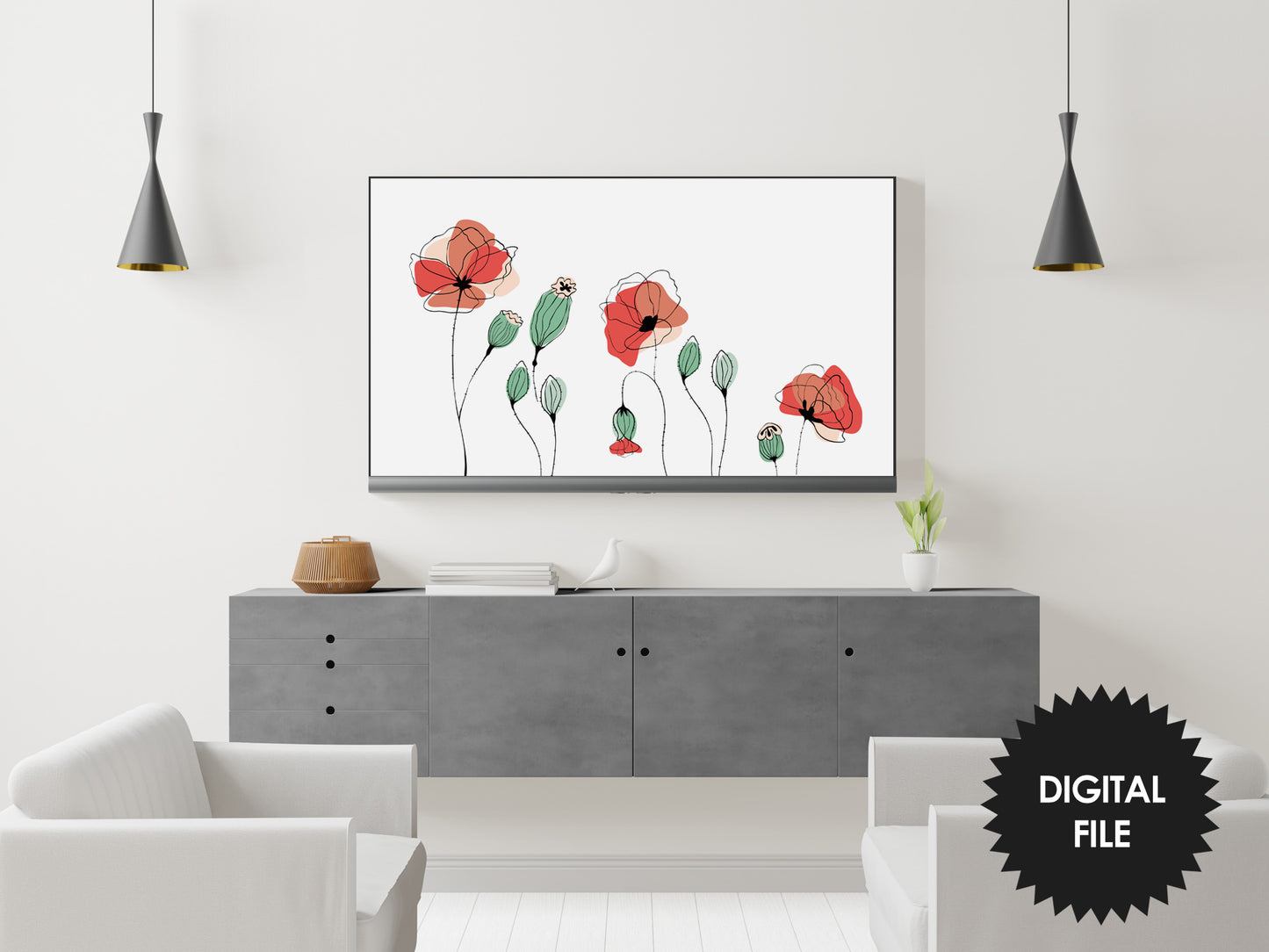 Samsung Frame TV Art Poppies | Simple Red Poppy Tv Art | Abstract Line Art With Color | 3840x2160px JPEG | Digital TV Art | Instant Download