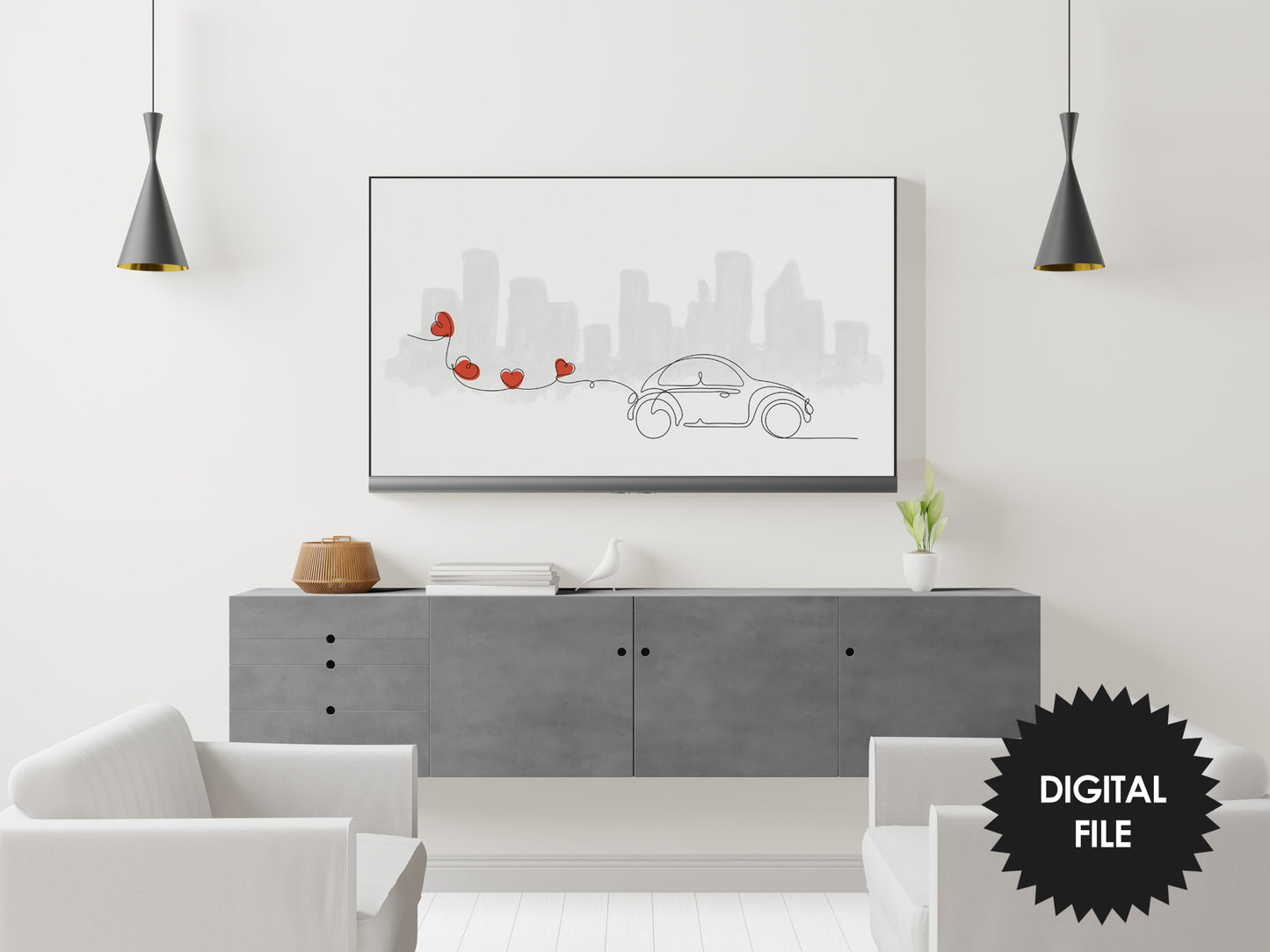Valentines Day Samsung Frame TV Art | Minimalist Lineart Valentine Car | Digital TV Art | 3840 x 2160 pixels JPEG | Instant Download