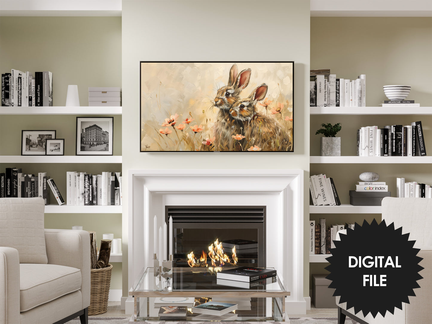Two Cute Easter Bunnies Samsung Frame TV Art preview in modern living room.