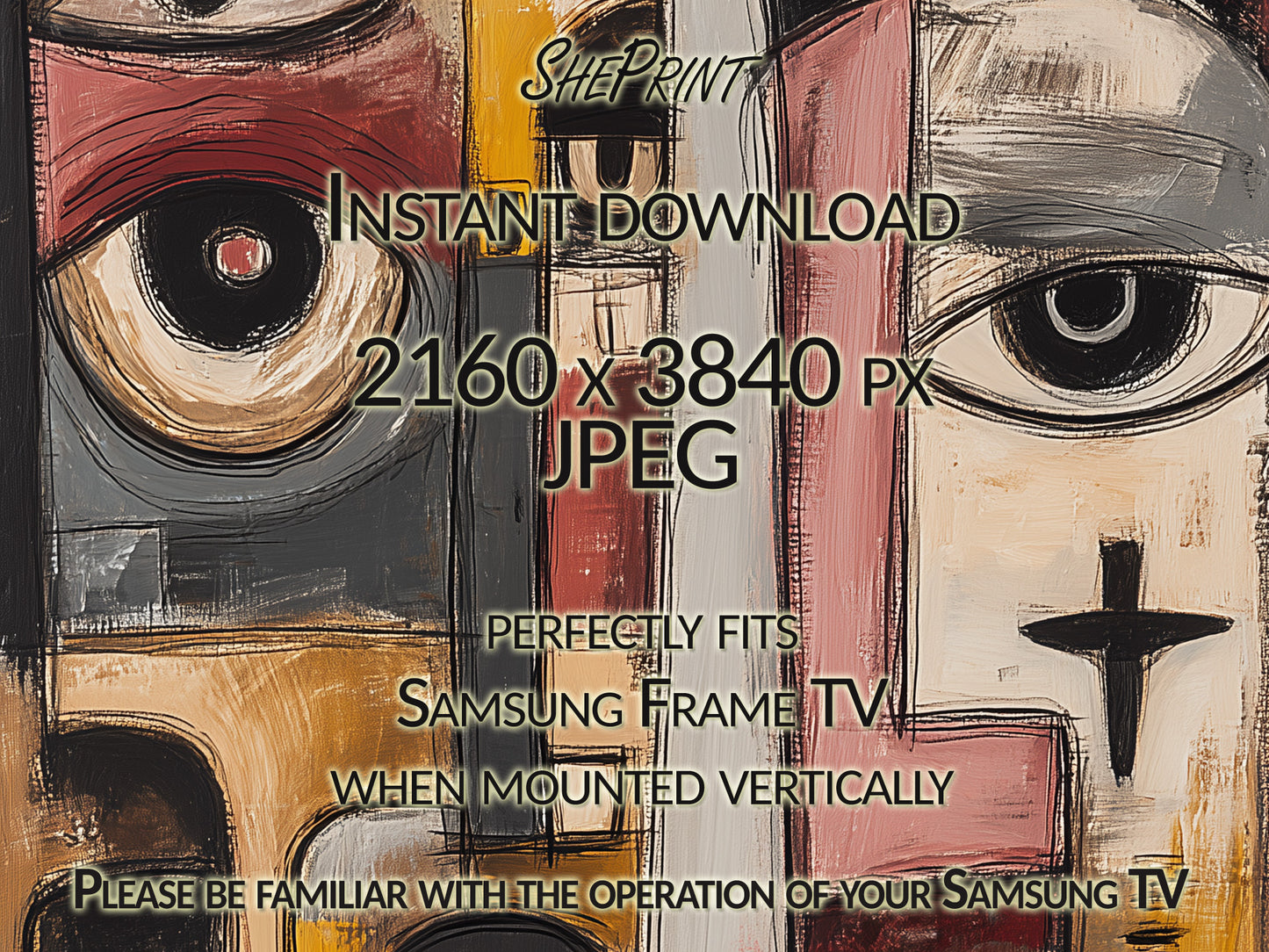 Vertical TV Art Two Faces Abstract Painting Digital Download close up look