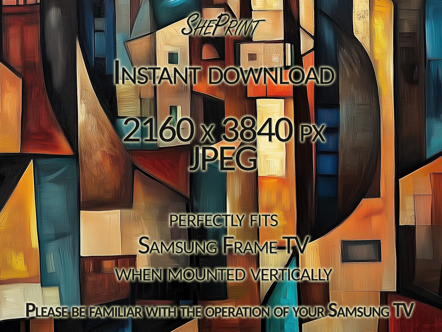 Vertical Frame TV Art, Urban Cubism – Geometric Cityscape Oil Painting close up view