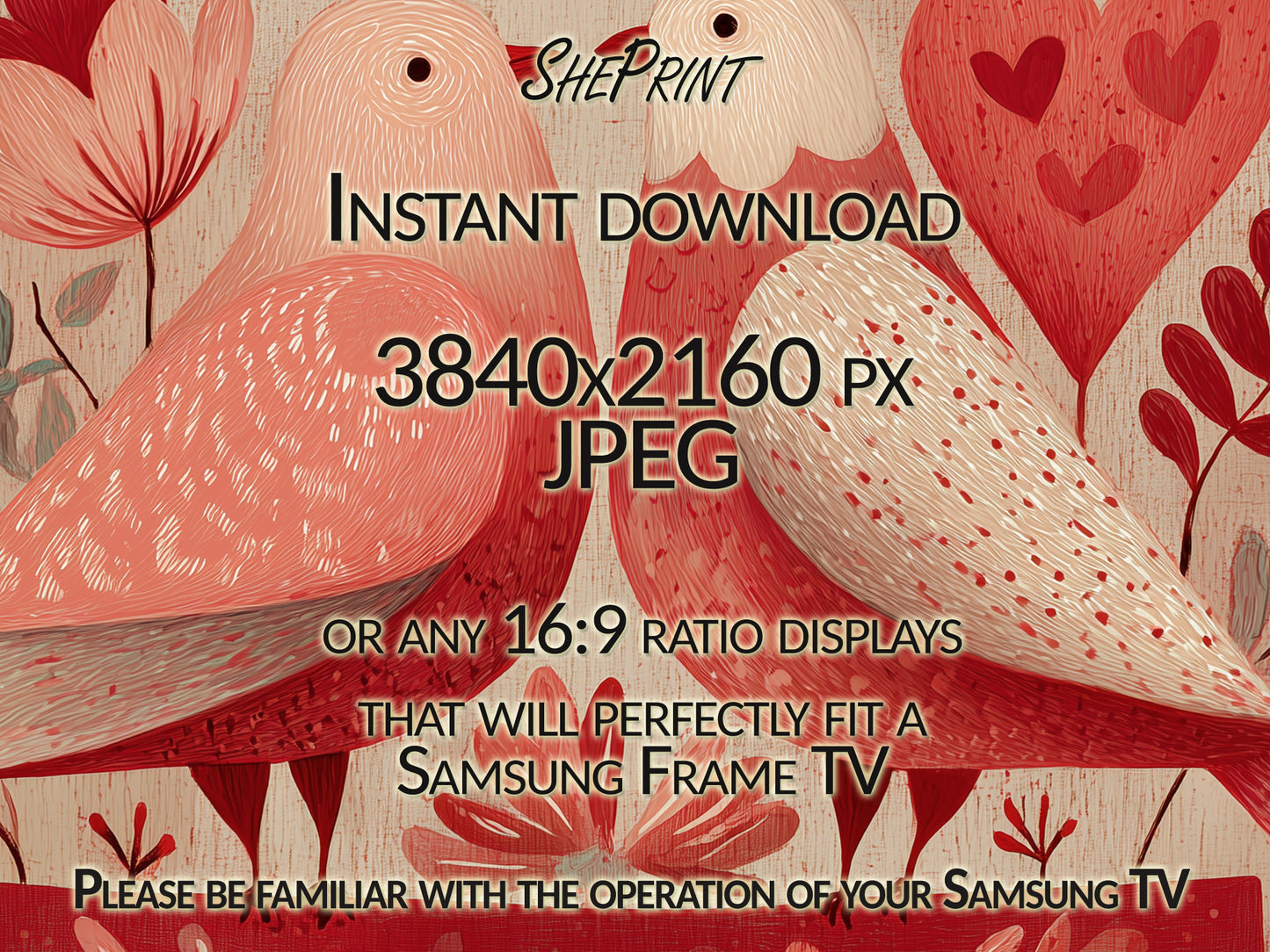 Valentines Day Samsung Frame TV Art | Vintage Naive Folk Birds Painting close up view
